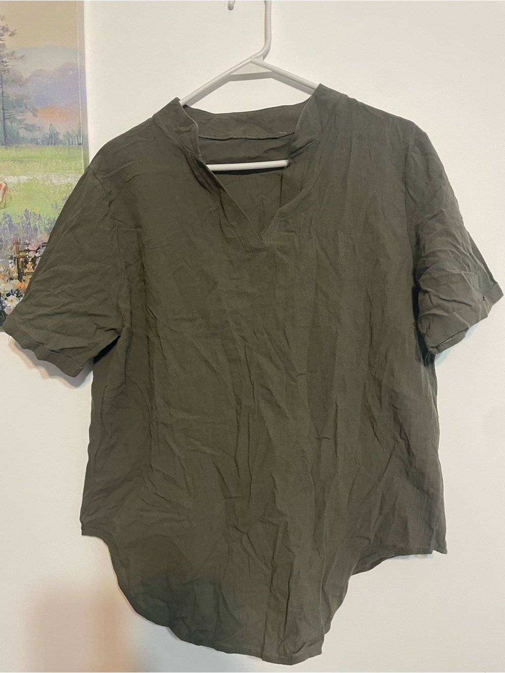 Women Olive Green Short Sleeve V-Neck Shirt size XXL 100% cotton
